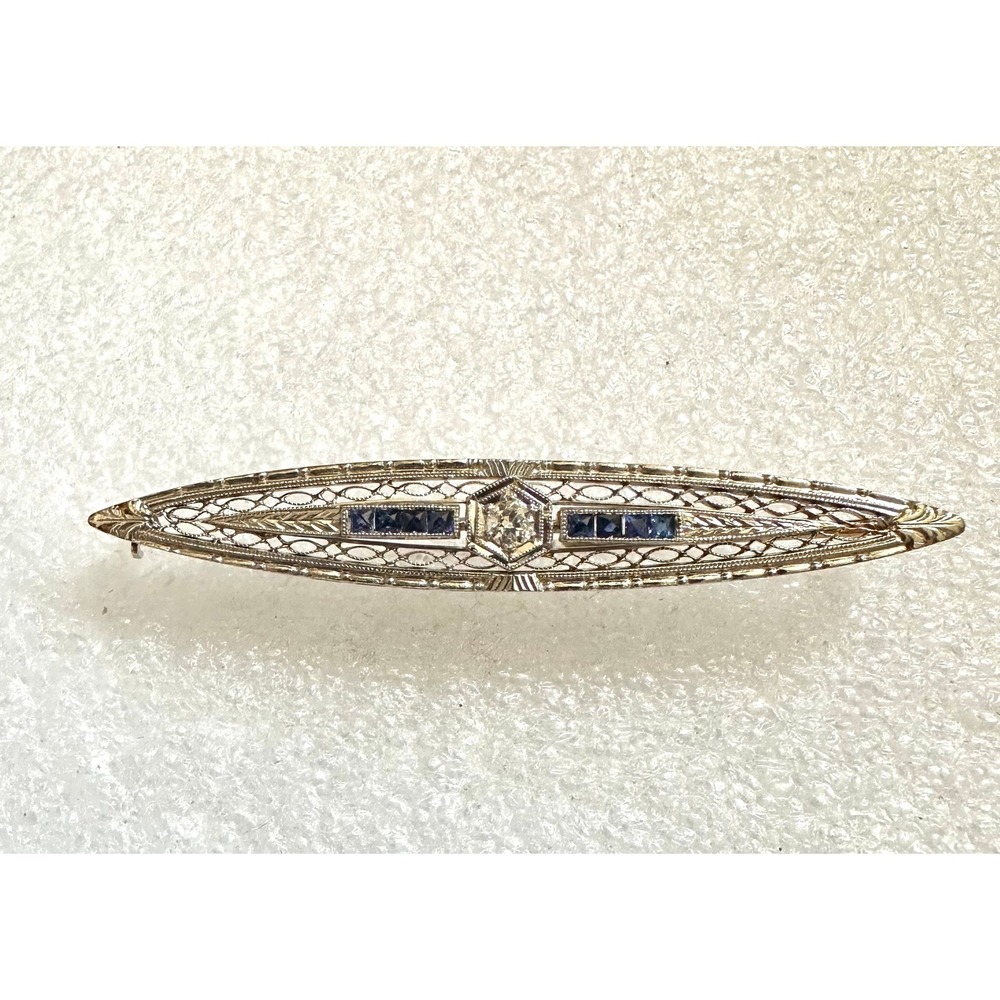 Art‎ Deco 14k White Gold Filigree Brooch w/ Diamond & Sapphires